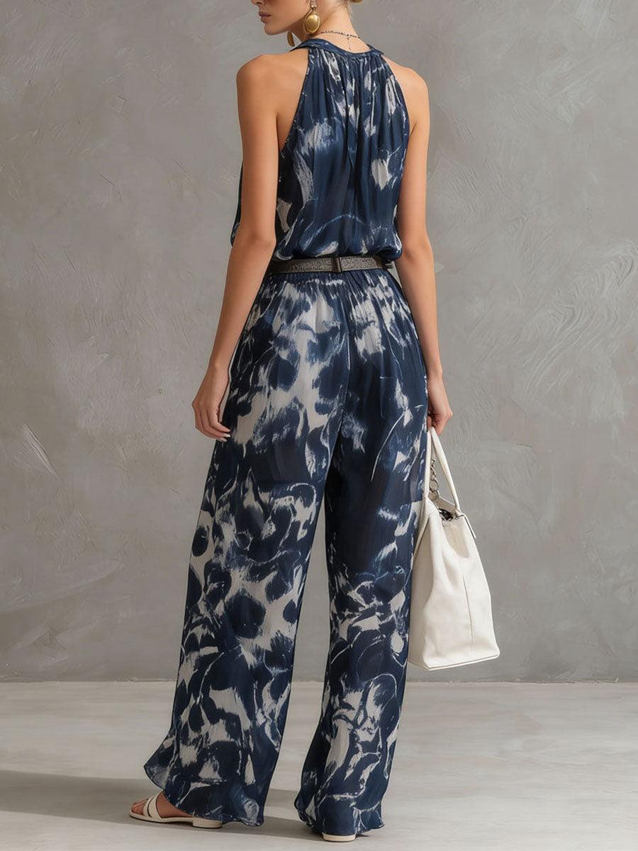 Women's Linen Halter Neck Tie Dye Wide Leg Jumpsuit