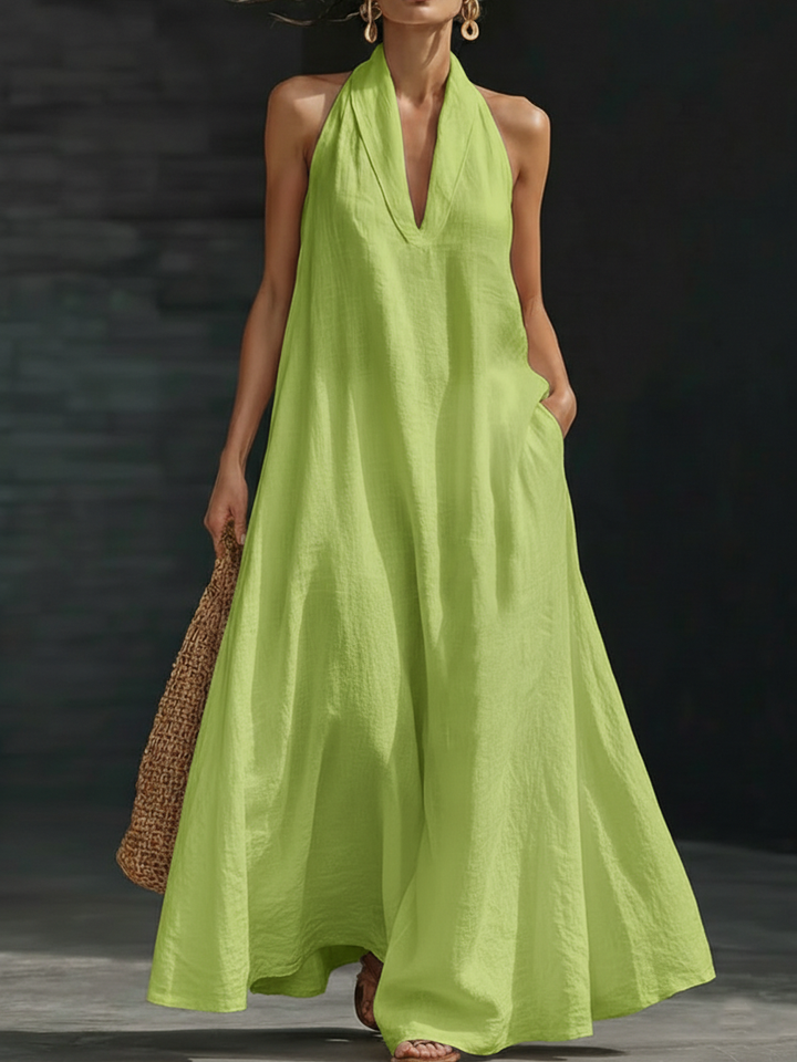Women's Linen Halter Neck Backless Maxi Dress