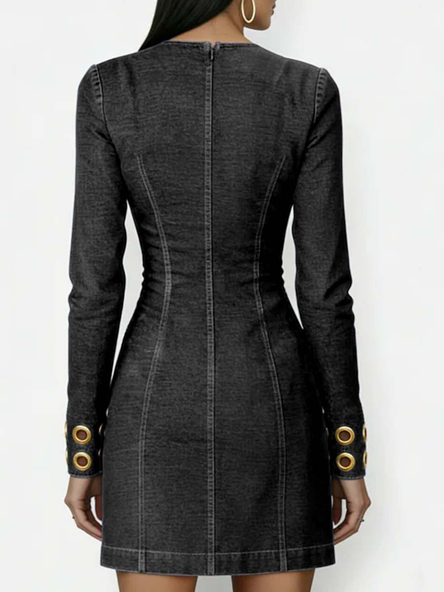 Women's Denim Mini Dress Long Sleeve Jean Shift Dress