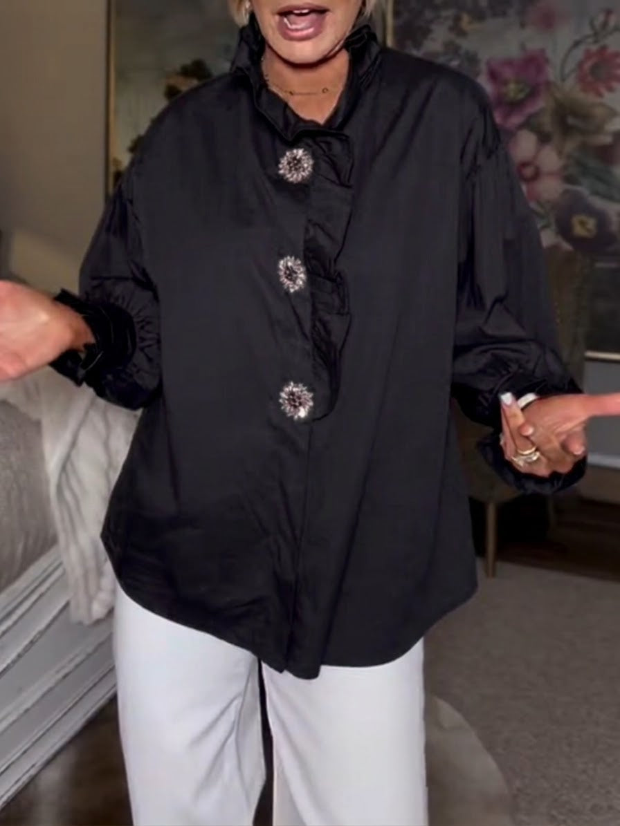 Women's Linen Ruffle Blouse Long Sleeve Oversized Casual Button Up Shirt