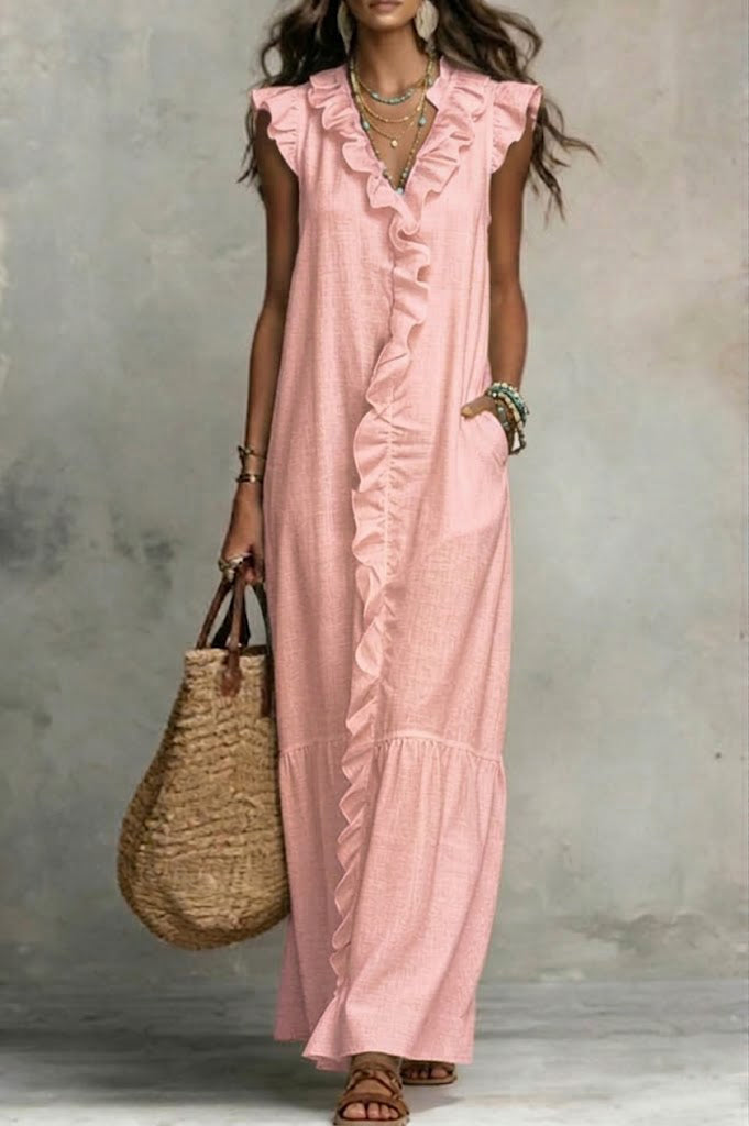 Women's Linen Ruffle V-Neck Maxi Dress