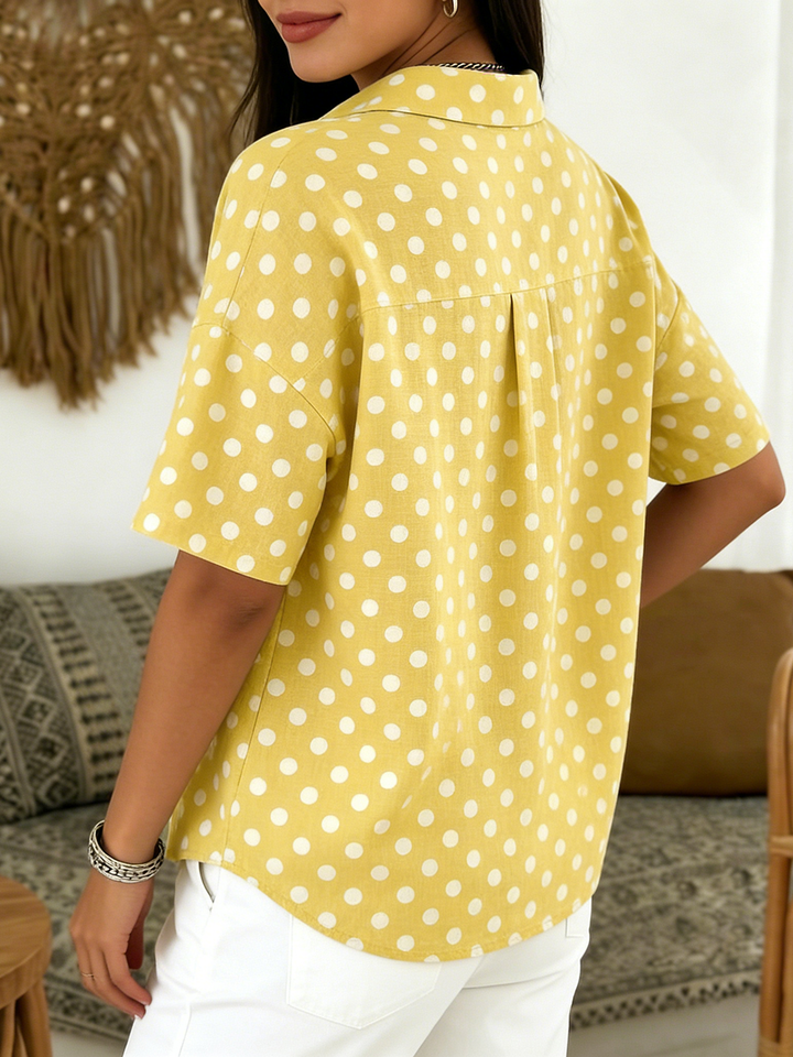 Women's Linen Polka Dot Short Sleeve Collared Shirt Blouse Top