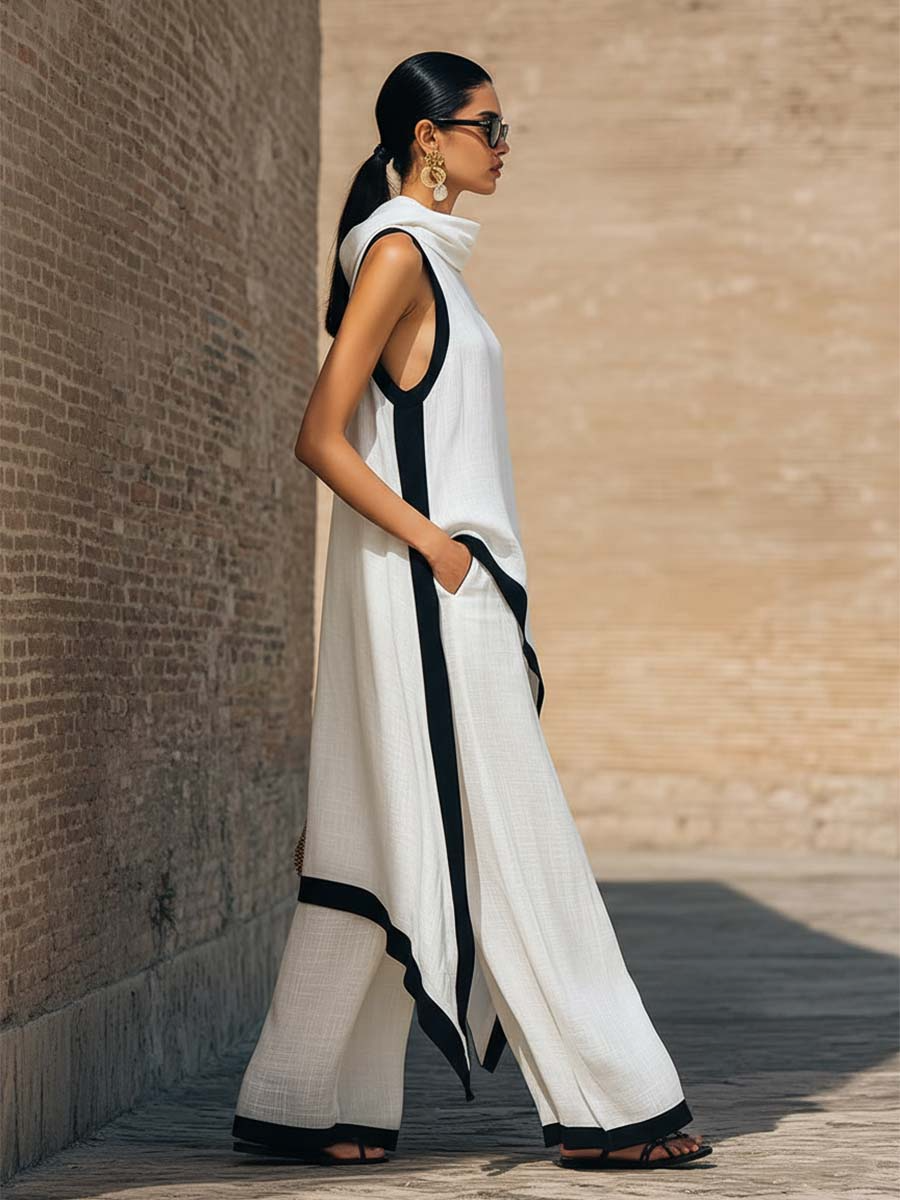 Women's Linen Sleeveless Hooded Knit Maxi Dress Two Piece Set