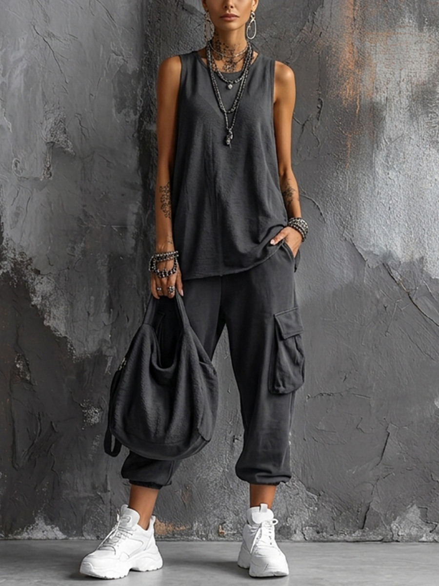 Women's Linen Blend Sleeveless Top and Cargo Trousers Two Piece Set