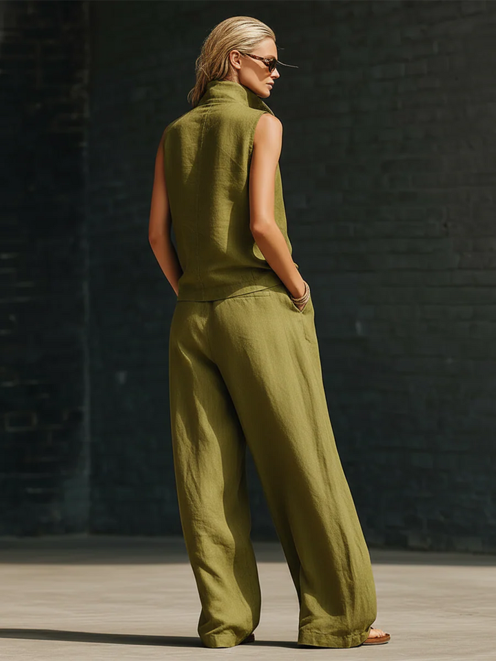 Women's Linen Sleeveless Zip Up Wide Leg Jumpsuit One Piece Overalls