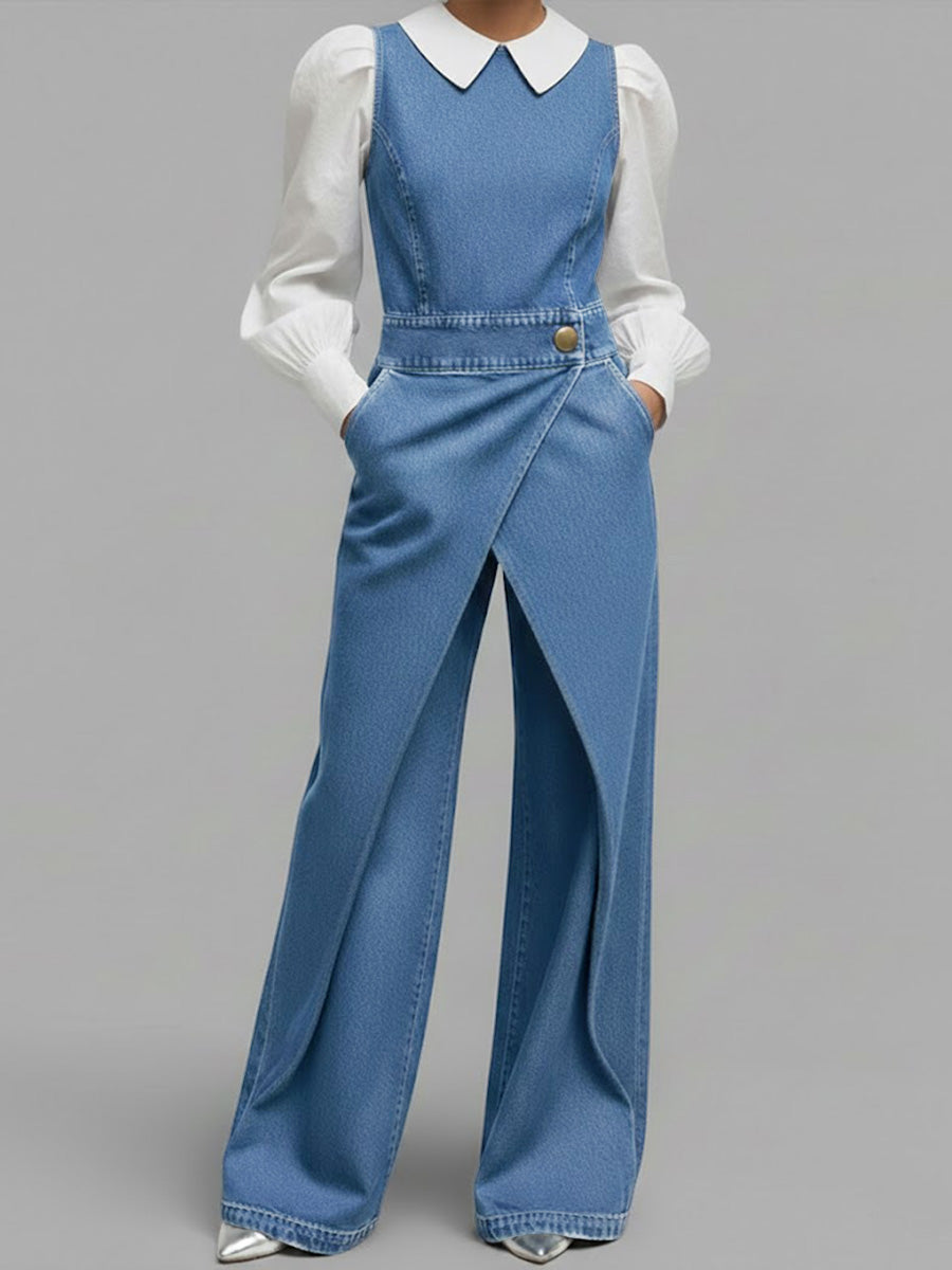 Women's Denim Wide Leg Jumpsuit Sleeveless Romper One Piece Outfit