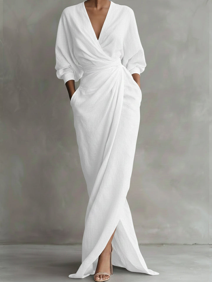 Women’s Linen Wrap Maxi Dress V Neck Elegant Drape Evening Gown