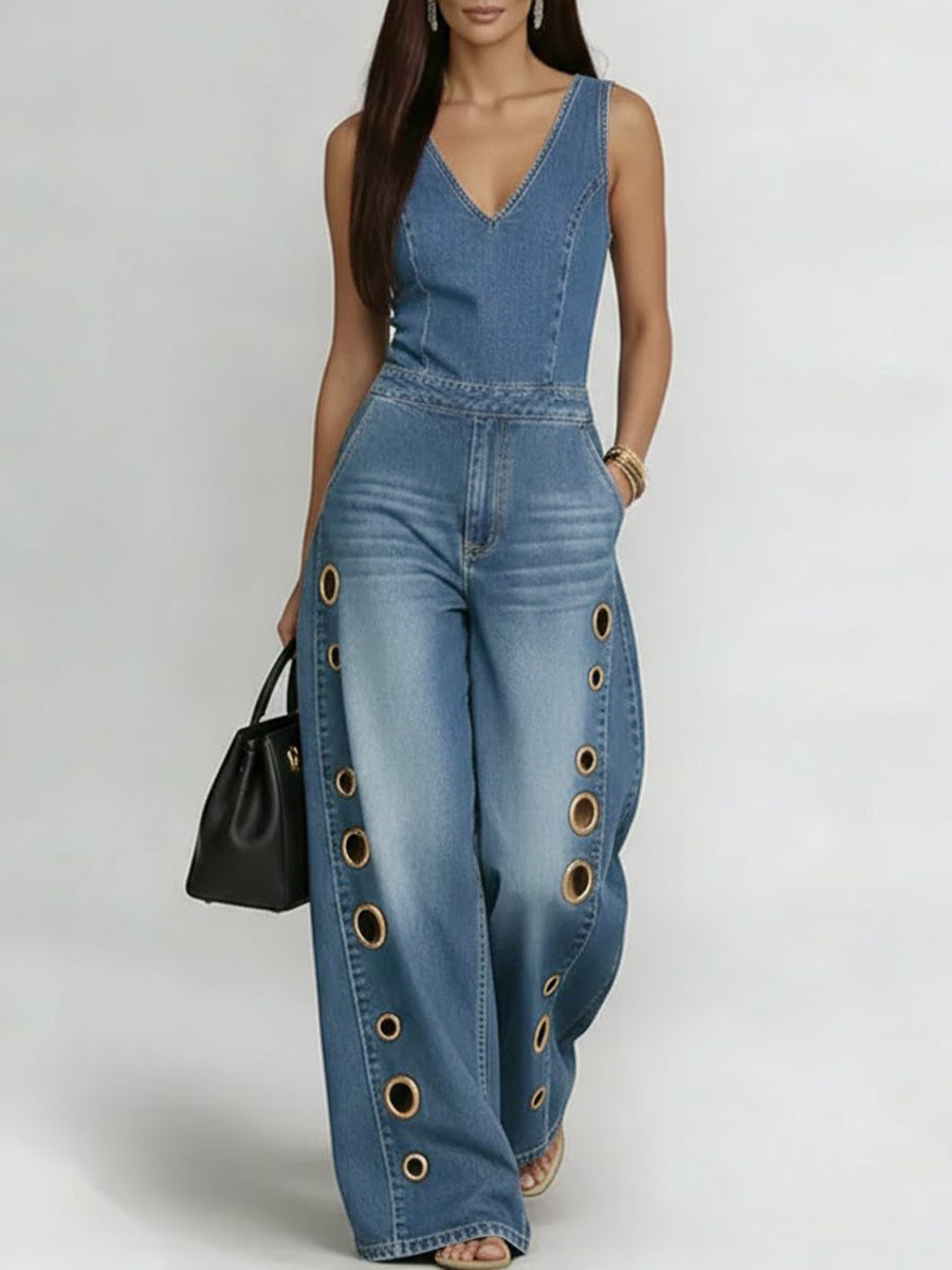Women's Denim Wide Leg Jumpsuit Sleeveless V-Neck One Piece Bodysuit