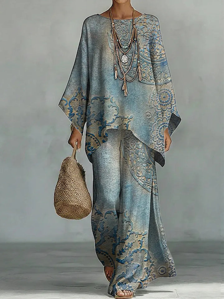 Linen Two Piece Set Women Wide Leg Trousers and Oversized Top Boho Suit
