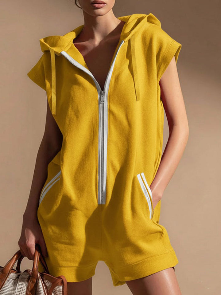 Women's Fleece Sleeveless Hooded Romper Zip Up Jumpsuit