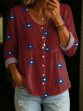 Women's Floral Linen Blouse Long Sleeve V-Neck Top