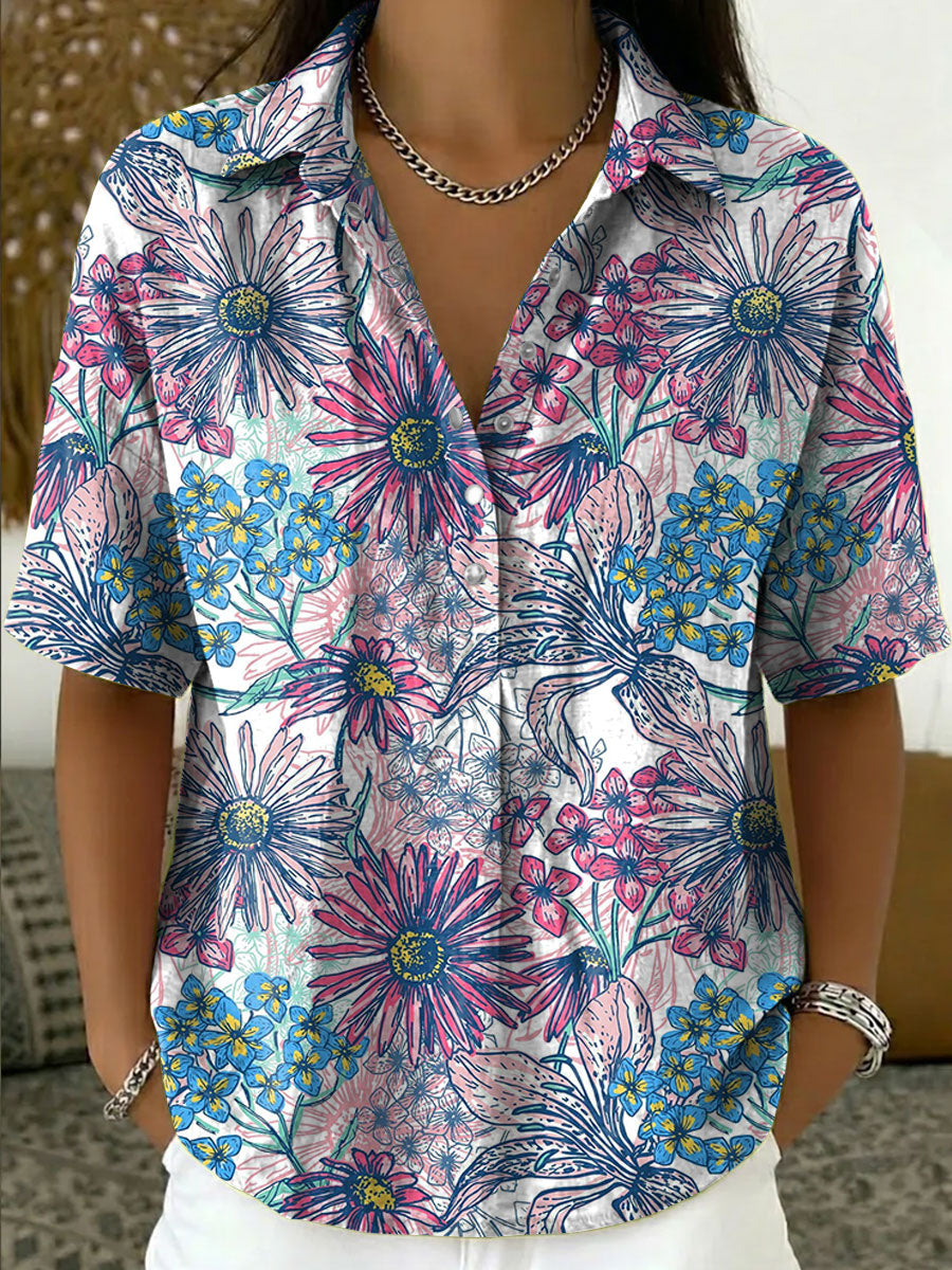 Women's Linen Blouse Floral Short Sleeve Shirt