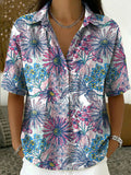 Women's Linen Blouse Floral Short Sleeve Shirt