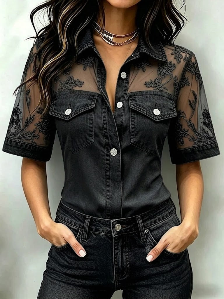 Women's Denim Shirt Sheer Mesh Lace Short Sleeve Blouse