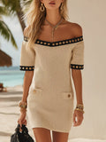 Women's Knit Off-Shoulder Mini Dress Linen Blend Short Sleeve Dress