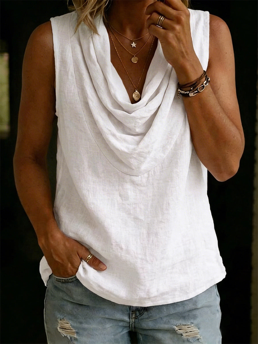 Women's Linen Cowl Neck Sleeveless Top Blouse Vest