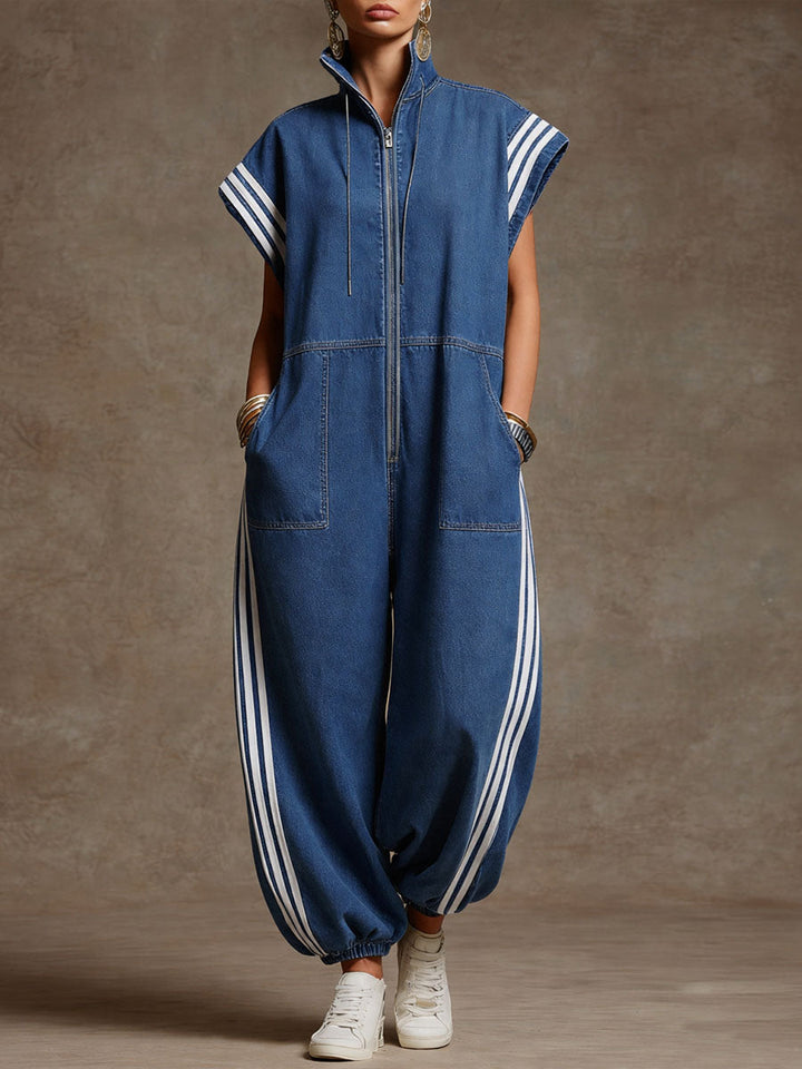 Women's Denim Zip Front Harem Jumpsuit