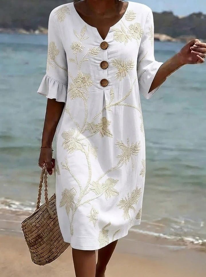 Women's Linen Floral Sundress Beach V-Neck Shift Dress