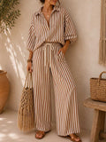 Women's Two-Piece Set Linen Striped Shirt & Wide-Leg Pants