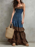 Women Denim Leopard Print Tiered Ruffle Sleeveless Maxi Dress