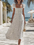 Women's Polka Dot Maxi Dress Linen Puff Sleeve Square Neck Sundress