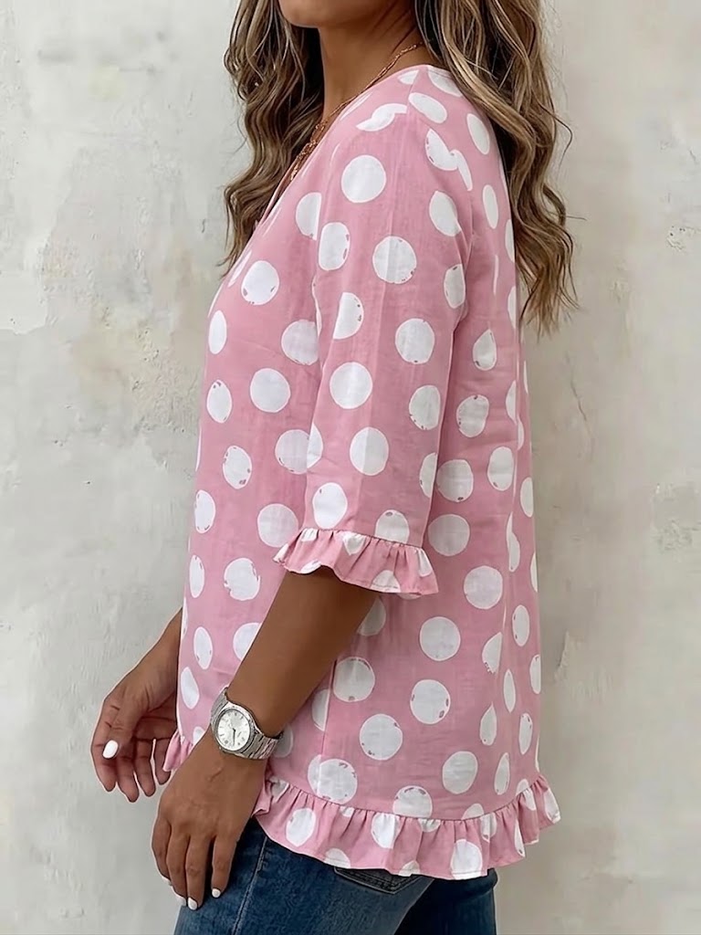 Blouse en lin à pois pour femme avec col en V et manches 3/4 à volants