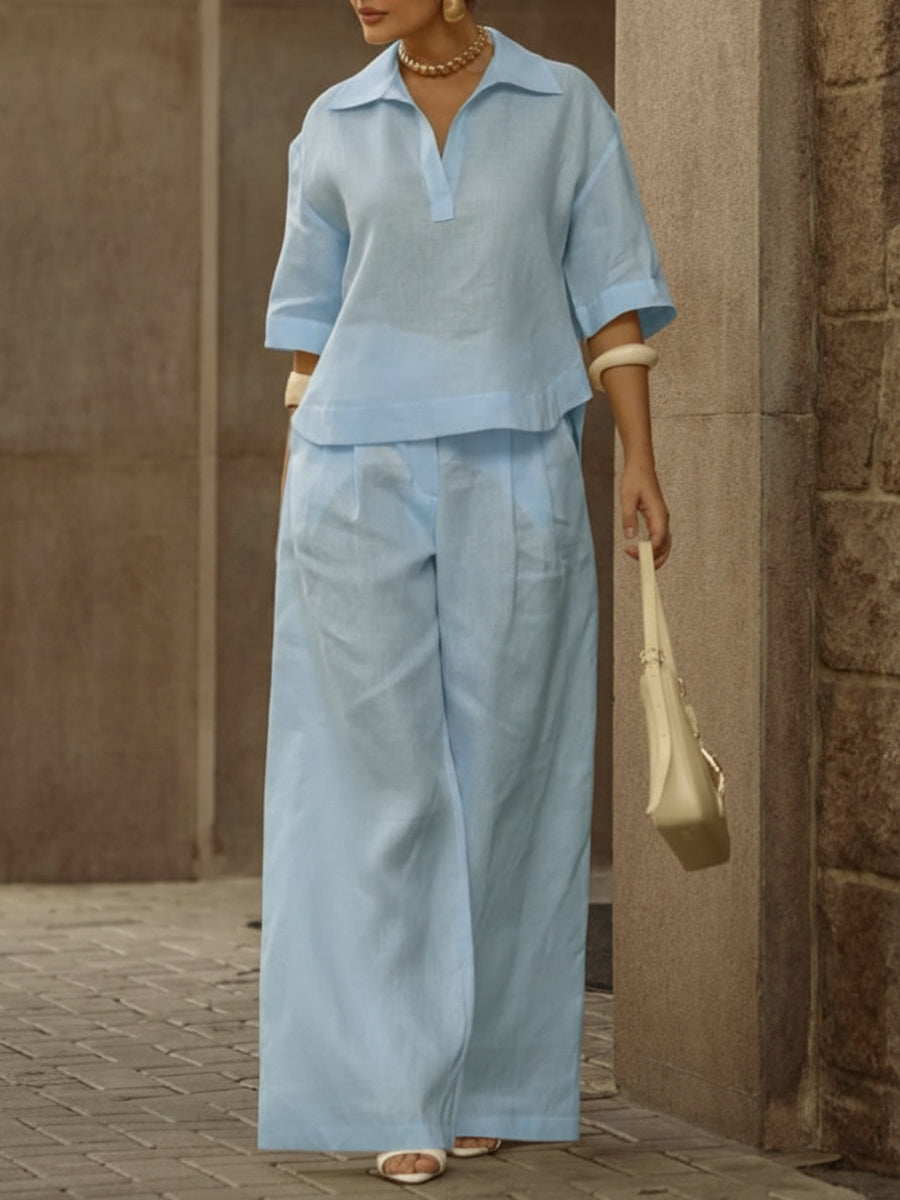 Women's Linen Two Piece Set Wide Leg Trousers and V Neck Top Lounge Wear