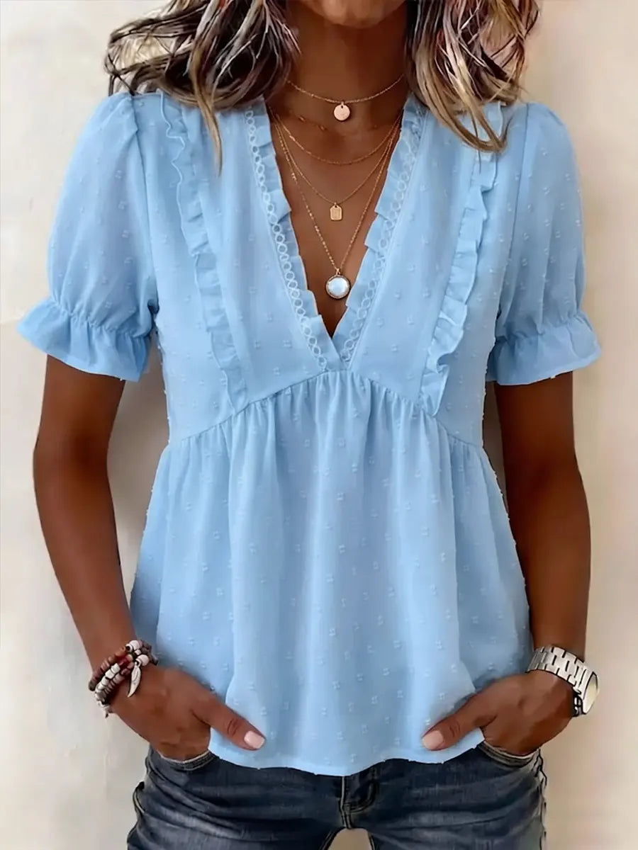 Women's Chiffon Blouse V Neck Short Sleeve Peplum Top