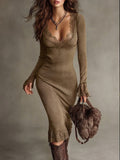 Women's Knit Wool Long Sleeve V-Neck Midi Bodycon Dress