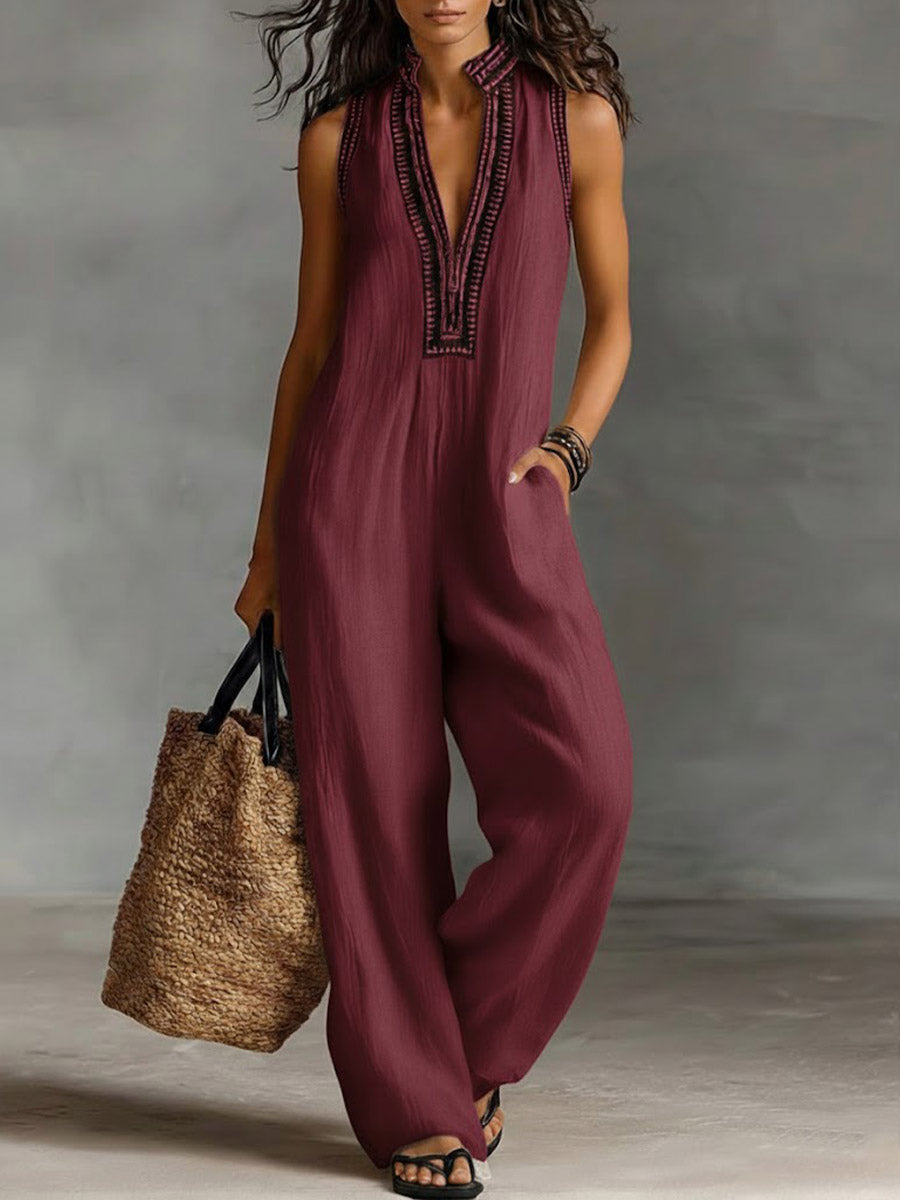 Women's Linen V-Neck Sleeveless Wide Leg Jumpsuit