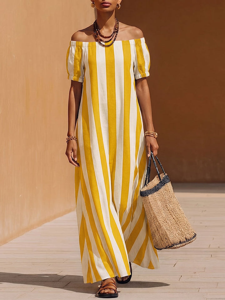 Women's Striped Off-Shoulder Linen Maxi Dress
