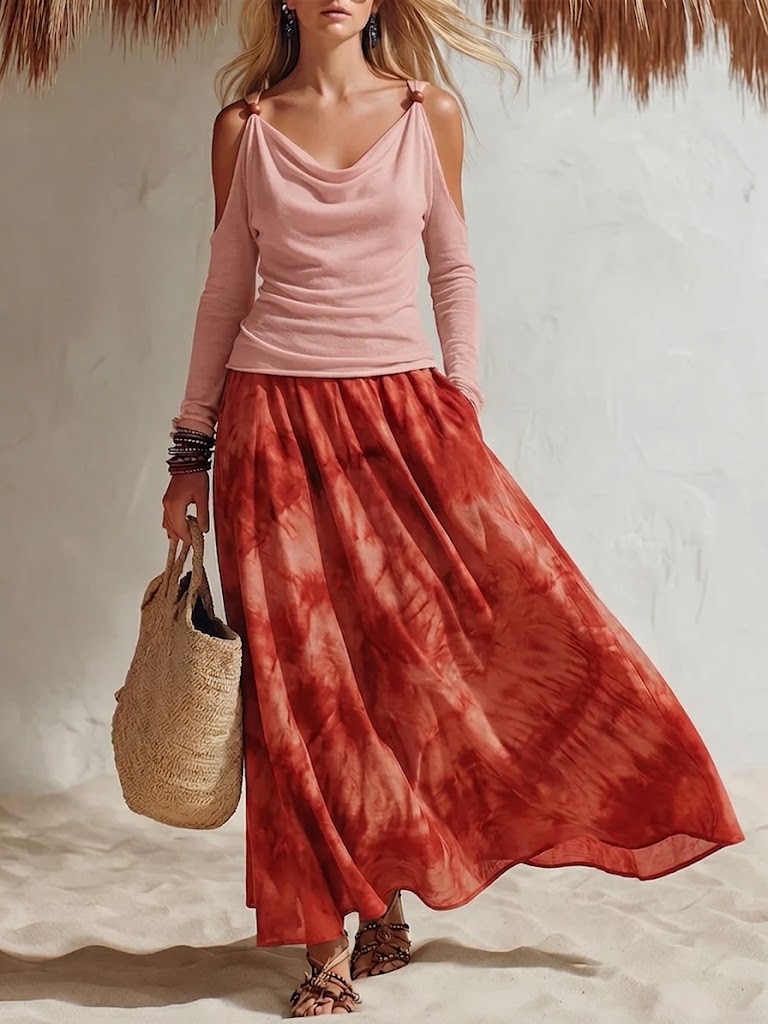 Women's Linen Cold Shoulder Long Sleeve Top and Tie Dye Maxi Skirt Two Piece Set