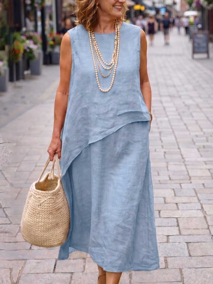 Women's Linen Maxi Dress Sleeveless Two Piece Set A-Line Sun Dress