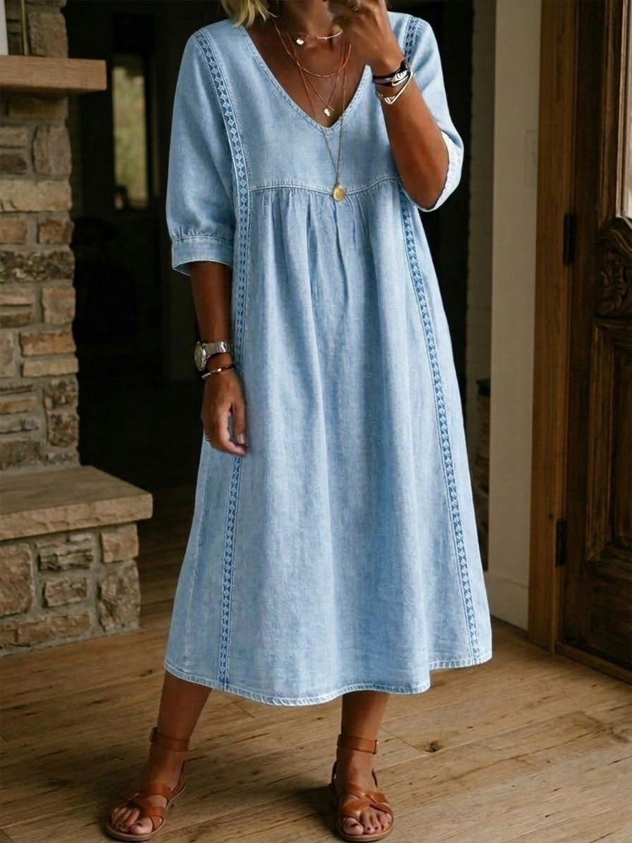 Women's Linen V-Neck Casual Loose Fit Midi Dress