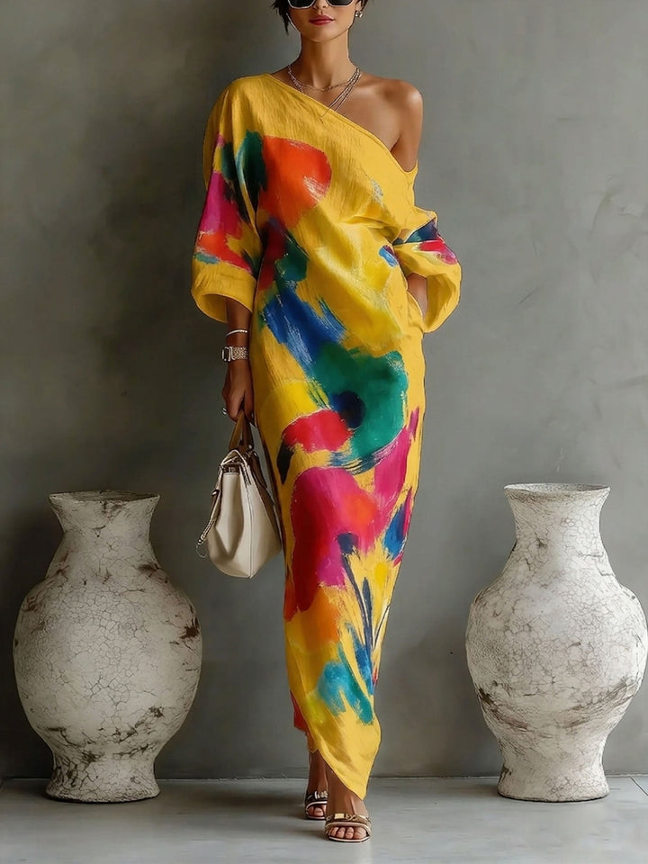 Women's One Shoulder Linen Maxi Dress With Batwing Sleeve
