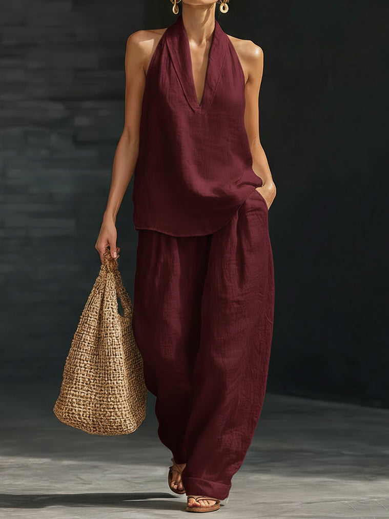 Women's Linen Halter Neck Top and Wide Leg Trousers Two Piece Set