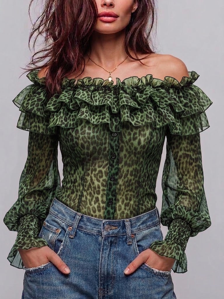 Women's Off Shoulder Chiffon Blouse Leopard Print Ruffle Mesh Top