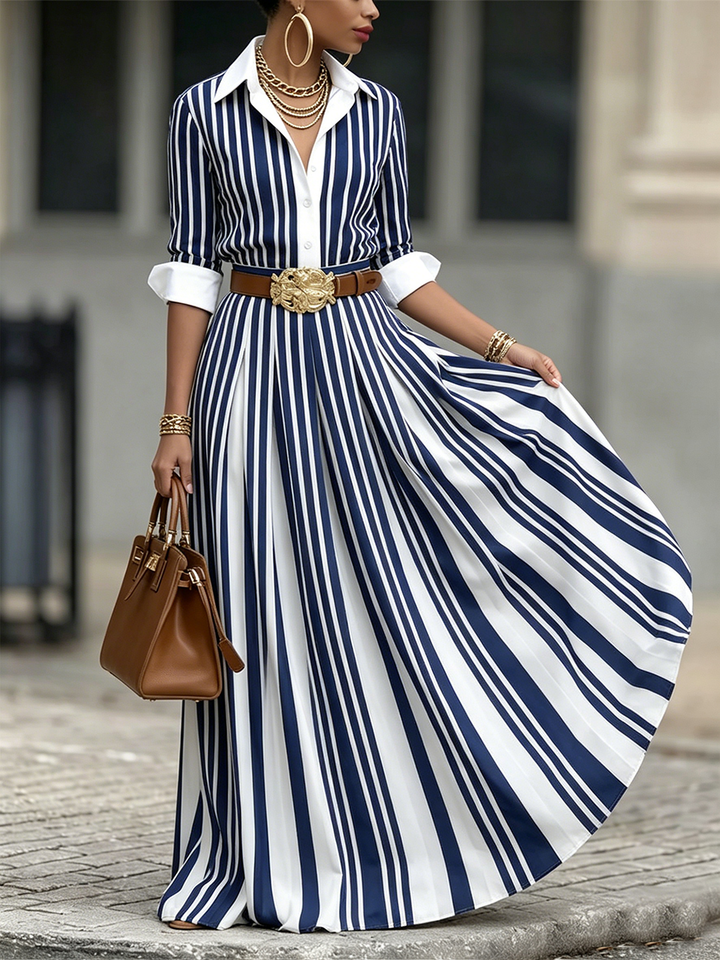 Women's Linen Striped Maxi Shirt Dress