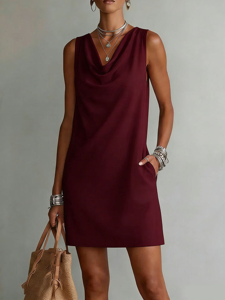 Women's Linen Cowl Neck Sleeveless Shift Dress