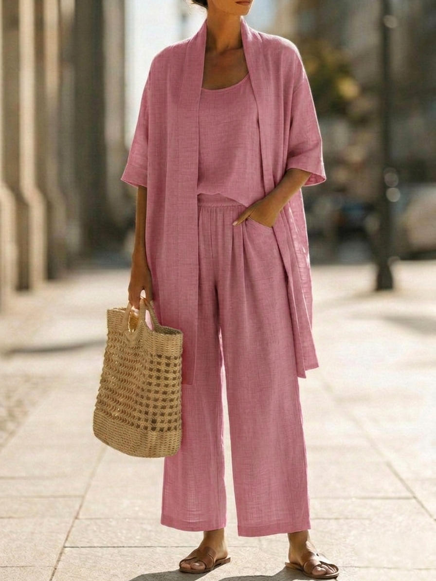 Women's Linen Blend 3 Piece Wide Leg Trouser Set with Open Front Cardigan