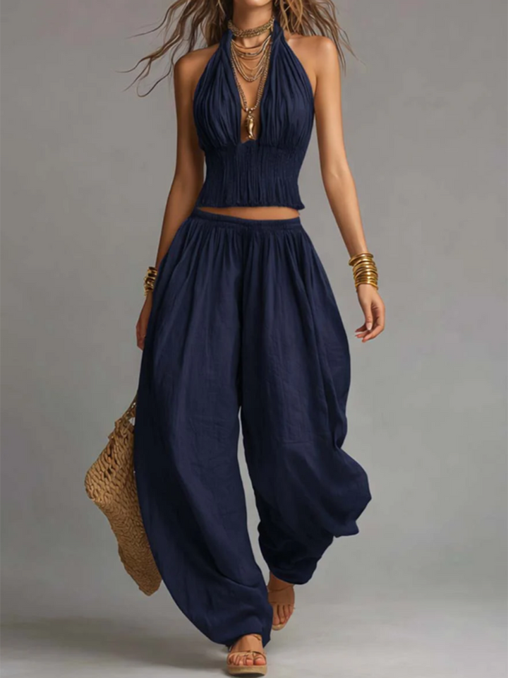 Women's Linen Halter Neck Top and Harem Trousers Two Piece Set