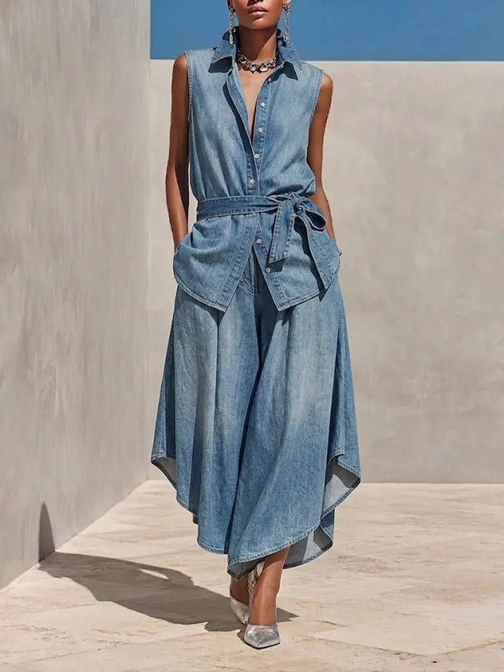 Women's Denim Sleeveless Shirt and Wide Leg Pants Set