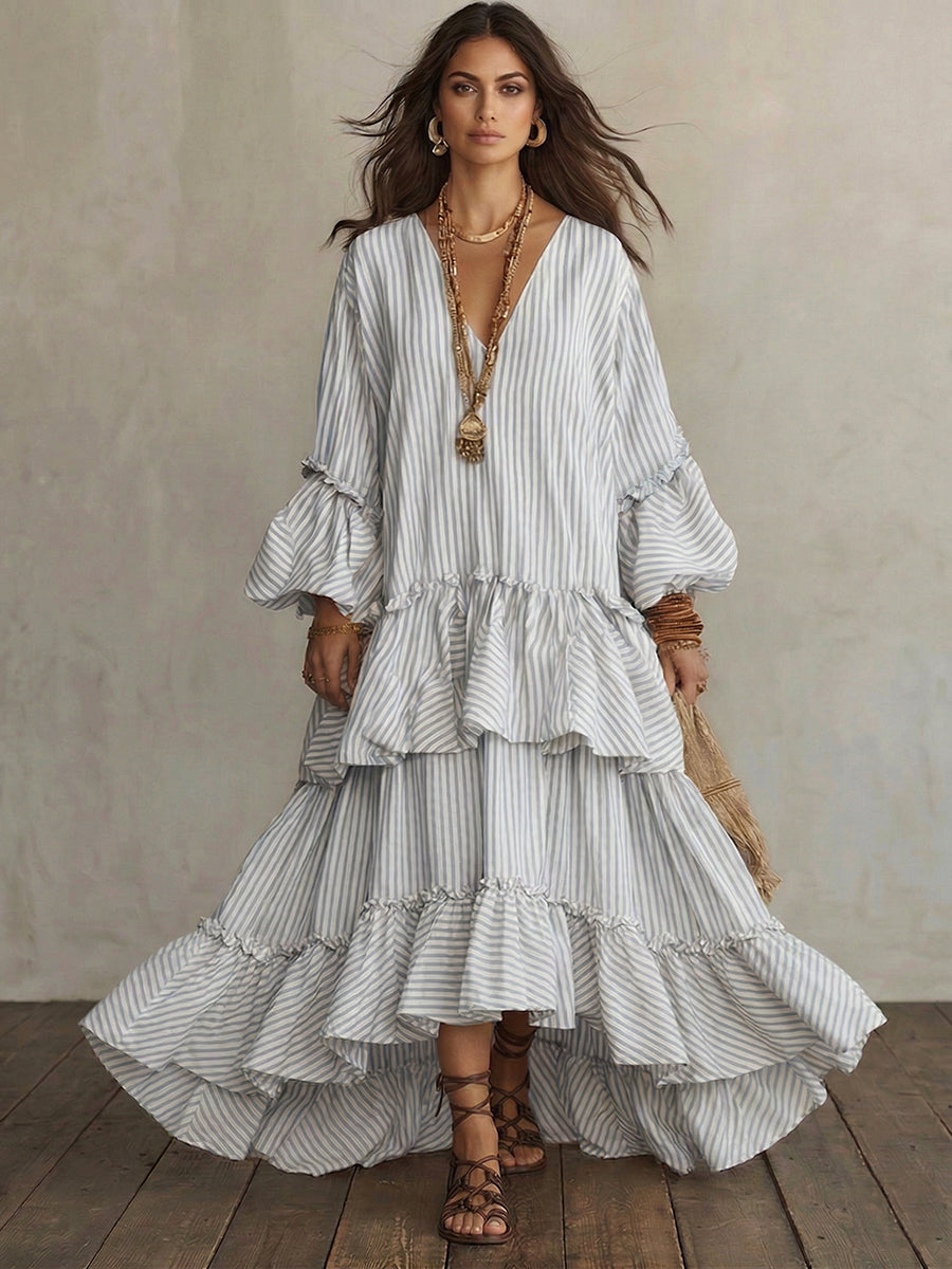 Women’s Boho V Neck Tiered Maxi Dress Linen Blend Bell Sleeve Loose Fit