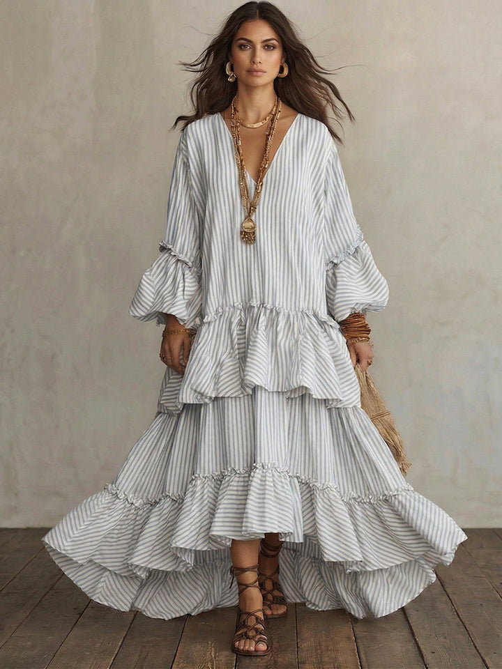 Women’s Boho V Neck Tiered Maxi Dress Linen Blend Bell Sleeve Loose Fit