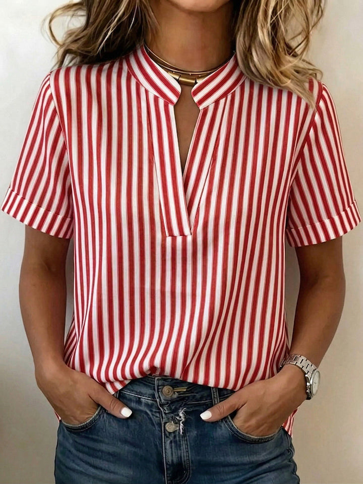 Women's Linen Striped V Neck Tunic Short Sleeve Blouse Top