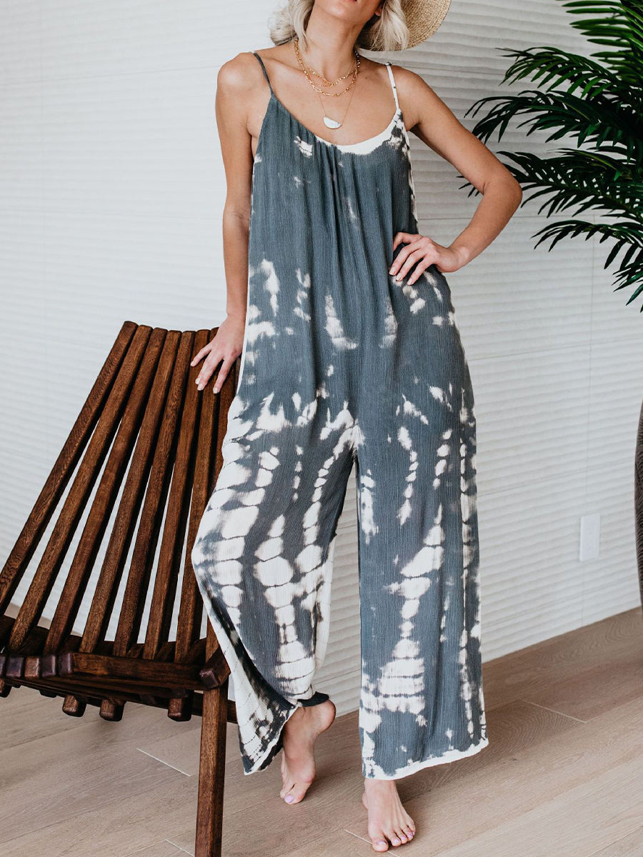 Women's Linen Tie-Dye Wide Leg Harem Jumpsuit