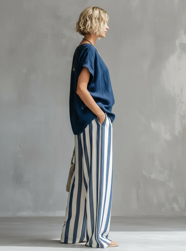 Women's Linen Two-Piece Set Striped Wide Leg Trousers and Short Sleeve Top