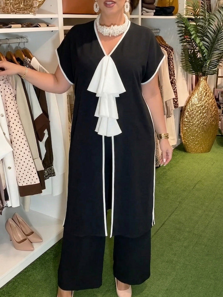 Women's Chiffon Ruffle Trim Tunic and Wide Leg Trousers Two Piece Set
