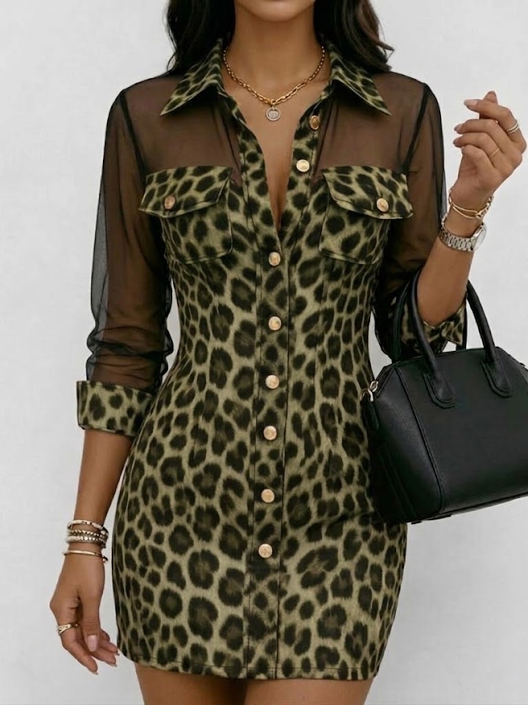 Women's Leopard Print Shirt Dress Mesh Long Sleeve Chiffon Mini Dress