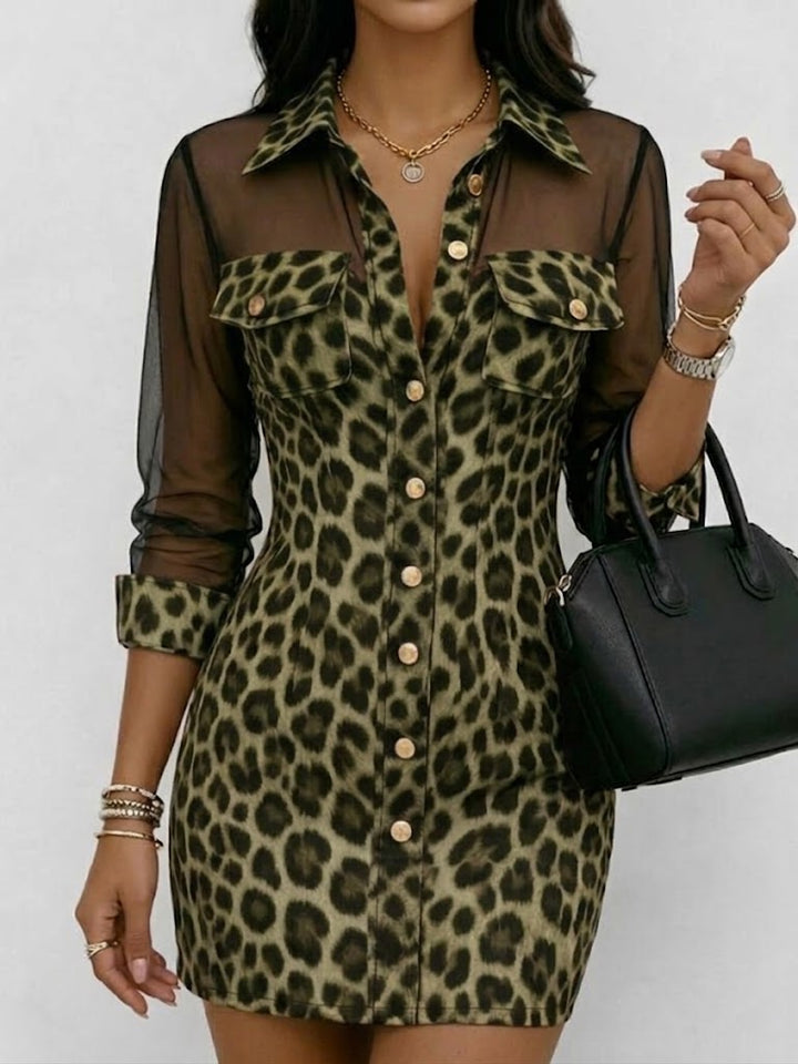 Women's Leopard Print Shirt Dress Mesh Long Sleeve Chiffon Mini Dress